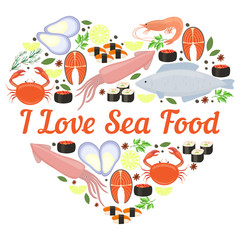 I Love Seafood vector heart design