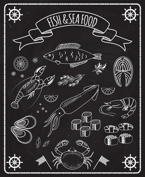 Fish and seafood blackboard vector elements