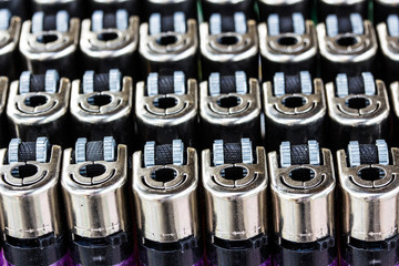 Close up image of a selection of cigarette lighters