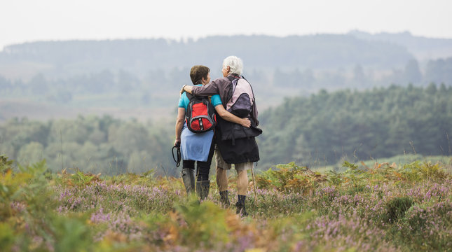A couple standing on a path looking at the view over wooded hills, with arms around each other. 