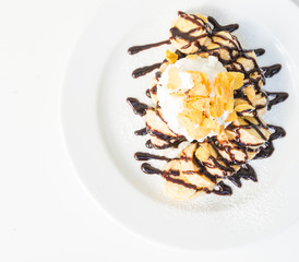 banana crepe cake with chocolate sauce