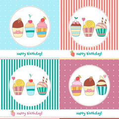 Vector illustrations of cupcakes. Vintage set of birthday cards.