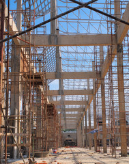 Scaffolding on a construction site of a new buddhist church
