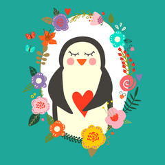 Penguin in love. Concept romantic card.
