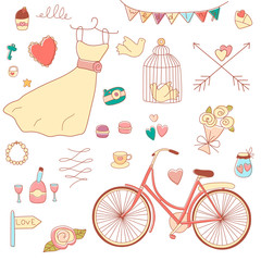 Vintage wedding set. Isolated doodle icons.