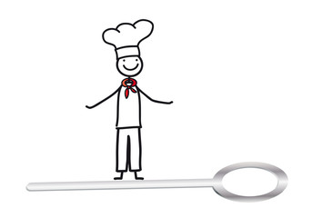 Koch mit Kochlöffel - Ausbildungsberuf ergreifen, eine Lehre zum Koch beginnen, Azubi sein, Beruf in der Gastronomie, Hobbykoch schwingt den Kochlöffel, Strichmännchen