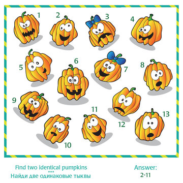 Halloween visual puzzle - Find two identical images of pumpkins