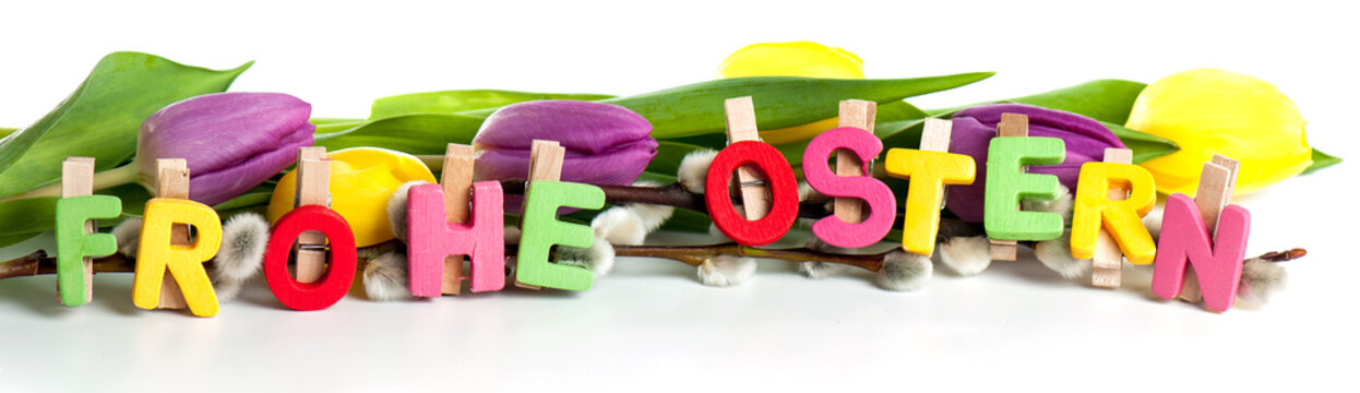 Frohe Ostern Text mit Tulpen Banner