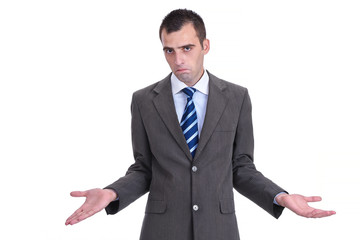 Young  businessman in a gray suit rejecting the responsibility,