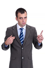 Young  businessman in a gray suit rejecting the responsibility a