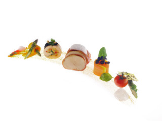 chicken wrapped in ham, terrine and vegetables