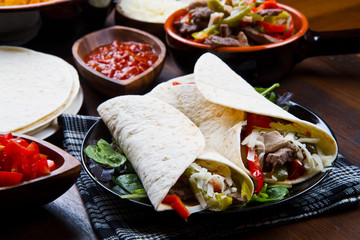Mexican Chicken and Beef Fajitas with Vegetables and Tortillas