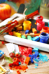 Beautiful still life with professional art materials, close up