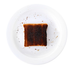 Burnt toast bread on plate, isolated on white background