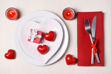 Festive table setting for Valentines Day on light background