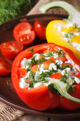 Halved fresh peppers filled with curd and dill close-up vertical