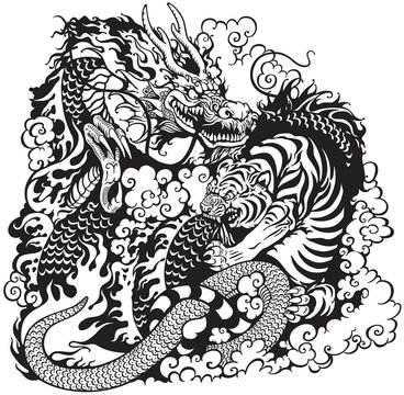 dragon and tiger fight black white