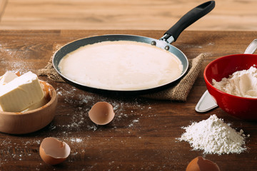 Frying pan with fresh homemade pancake