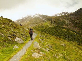 Fototapeta na wymiar Tourist with poles and big backpack walking on rocky path