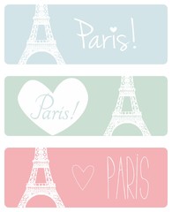 Fototapeta na wymiar Love Paris vector pastel banner set with Eiffel Tower and hearts