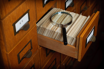 Library Card Catalog Drawer Search Concept - obrazy, fototapety, plakaty