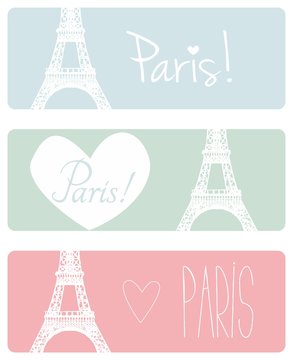 Love Paris vector pastel banner set with Eiffel Tower and hearts