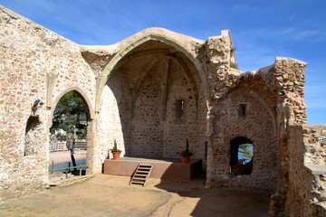 Ancient ruined church in fortress of Tossa de Mar, Girona Spain