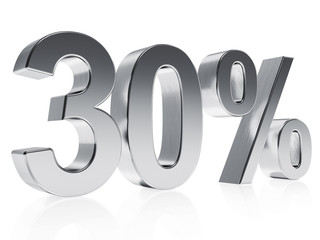 Realistic silver rendering of a symbol for 30 % discount or gain