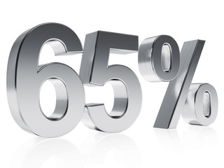 Realistic silver rendering of a symbol for 65 % discount or gain