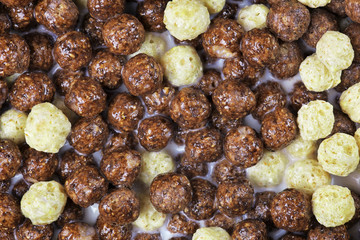 Delicious chocolate corn balls in milk. Assorted.