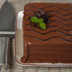 A chocolate fudge layer cake. Selective focus.