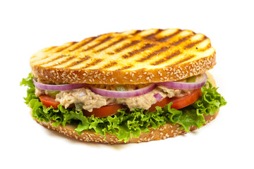 Grilled Tuna Panini Sandwich on a plate. Selective focus.
