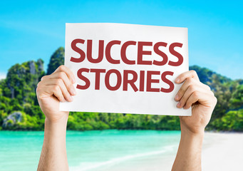 Success Stories card with a beach on background