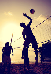 Beach Volleyball Sunset Team Team Play Concept