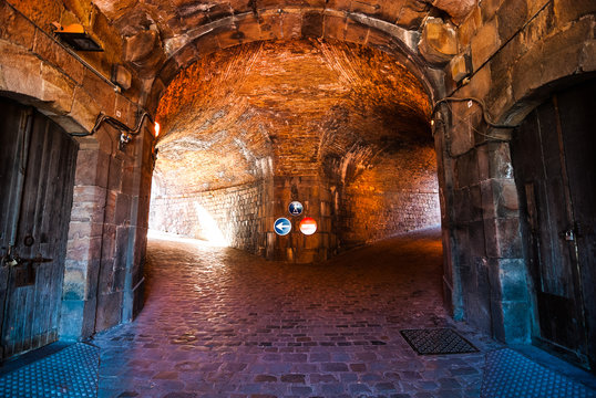 The tunnel Under Castell de Montjuic Fortress, Barcelona, Spain