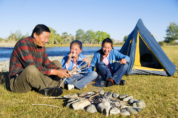 Mongolian Family Anjoy Camping River Leisure Concept