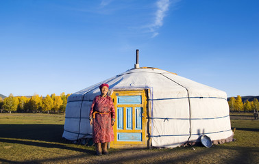 Mongolian Lady Standing Tent Scenic View Landscape Concept
