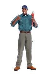 Plumber with a wrench isolated white background.