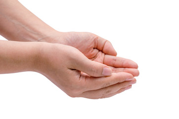 Outstretched cupped hands of woman on white background