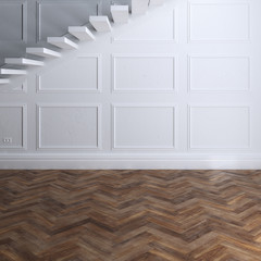 Empty luxury interior with parquet and stairs to second floor