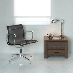 Luxury office black armchair in white interior design with decor