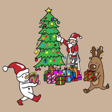 Santa Snowman reindeer decorate Christmas tree