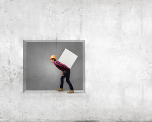 Man builder presenting something