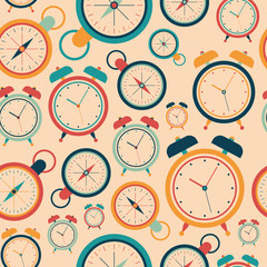 Seamless pattern with retro alarm clocks and pocket watches.