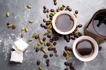 Turkish Coffee with coffee beans and Cardamom