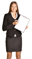 Business woman shows ballpoint pen on clipboard.