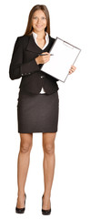 Business woman shows ballpoint pen on clipboard.