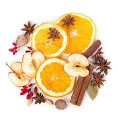 Christmas spices and dried orange sliceson