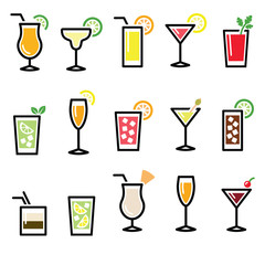Cocktails, drinks glasses vector icons set