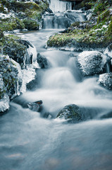 The flow of water in the spring of icicles and ice